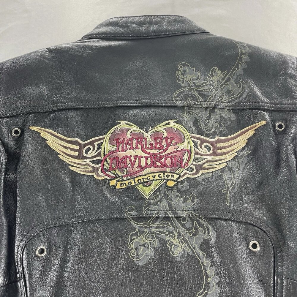 Harley Davidson Women's Black Leather Motorcycle Jacket - Size Medium Camo Liner - Picture 10 of 14